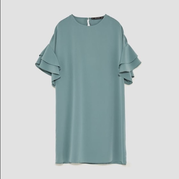 NWOT Zara Teal Crepe Frilled Sleeve Mini Dress - Picture 7 of 8